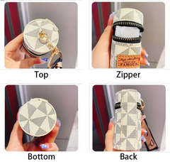 Women's Mini Cylinder Lipstick Case Keychain Brown Geometric Triangle Pattern Coin Purse with Silk Scarf Bag Charm for Earphones Keys