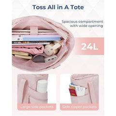 Womens Puffer Tote Bag Quilted Nylon Shoulder Handbag Large Capacity Laptop Work Travel Gym Carryall Bag with Zipper Beige