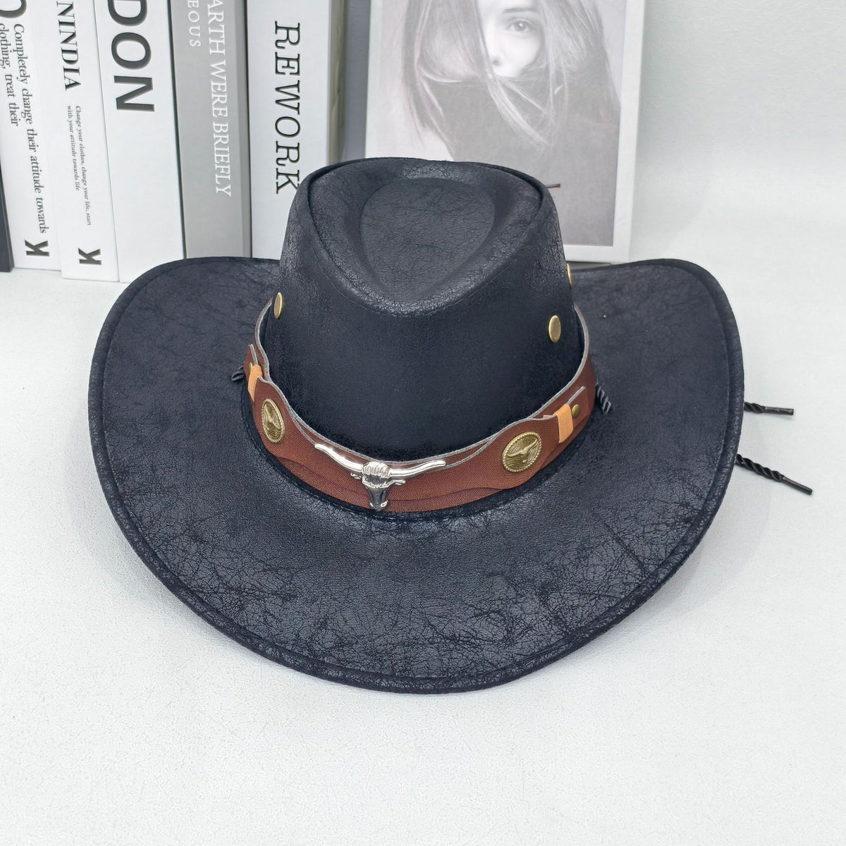 Rustic Western Cowboy Hat - Distressed Faux Leather Look Wide Brim Outback Sun Hat with Bull Head Emblem for Men & Women (Black)