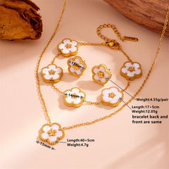 3-Piece Floral Jewellery Set (White Shell Style) - Gold Plated Stainless Steel 5-Petal Flower Necklace, Bracelet & Earrings - Tarnish Free & Hypoallergenic Gift for Women