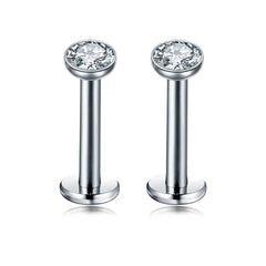2 PCS Internally Threaded Labret Studs - 16G 8mm Stainless Steel Flat Back with 3mm CZ Crystal - Silver Tone Body Piercing for Lip Tragus Helix