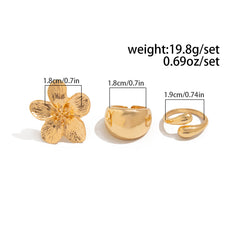 3-Piece Sculptural Gold Tone Ring Set - Large Textured Flower, Chunky Smooth Dome & Teardrop Wrap Band - Adjustable Statement Jewellery