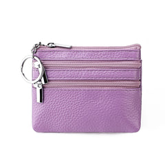 Genuine Leather Coin Purse Mini Wallet with Triple Zipper Pockets Key Ring Holder Pouch for Cash & Cards - Light Purple