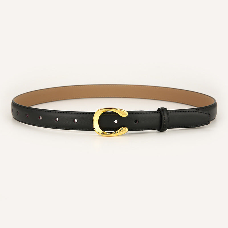 Womens Genuine Leather Belt Black C-Shape Gold Buckle Waist Strap for Jeans & Dresses Classic Fashion Accessory