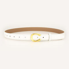 Womens Genuine Leather Belt White C-Shape Gold Buckle Waist Strap for Jeans & Dresses Classic Fashion Accessory