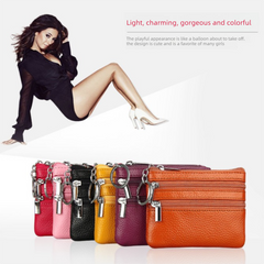 Genuine Leather Coin Purse Mini Wallet with Triple Zipper Pockets Key Ring Holder Pouch for Cash & Cards - Lavender purple