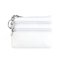 Genuine Leather Coin Purse Mini Wallet with Triple Zipper Pockets Key Ring Holder Pouch for Cash & Cards - White