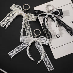 Korean Style Designer Faux Pearl and Fabric Bow Bag Charm Elegant Beige Ribbon Bow Keychain for Handbags and Car Keys