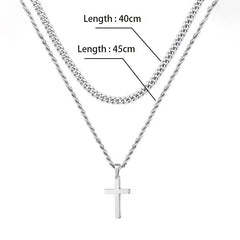 Double Layer Silver Tone Cross Pendant Necklace Set Cuban Link & Rope Chain 40-45cm Layered Fashion Jewellery