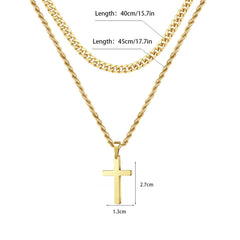 Double Layer Silver Tone Cross Pendant Necklace Set Cuban Link & Rope Chain 40-45cm Layered Fashion Jewellery