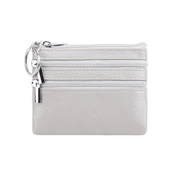 Genuine Leather Coin Purse Mini Wallet with Triple Zipper Pockets Key Ring Holder Pouch for Cash & Cards - Medium Gray