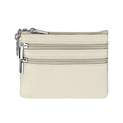 Genuine Leather Coin Purse Mini Wallet with Triple Zipper Pockets Key Ring Holder Pouch for Cash & Cards - Milky white