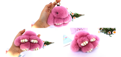 Fluffy Mini Rex Rabbit Fur Keychain Cute Bunny Bag Charm - Soft Plush Animal Doll Key Ring for Car Keys & Handbags - Cherry Blossom Pink