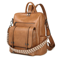 Brown Retro Soft PU Leather Backpack for Women - Water-Resistant Large Capacity Travel Rucksack with Dual Detachable Straps