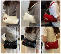 Black Chic Glossy PU Leather Underarm Bag & Crossbody Purse with Cherry Charm - Versatile Handbag for Women