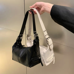 White PU Leather Zippered Shoulder Bag – Retro European Style Crossbody and Handheld Bag