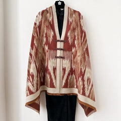 Dark Red New Style Buttoned Shawl – Double-Sided Winter Scarf with Ethnic Pattern, Faux Cashmere Feel for Travel and Fashion