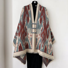Blue and Dark Red New Style Buttoned Shawl – Double-Sided Winter Scarf with Ethnic Pattern, Faux Cashmere Feel for Travel and Fashion