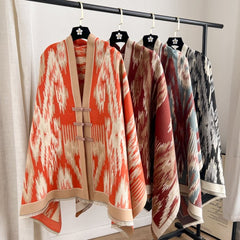 Orange New Style Buttoned Shawl – Double-Sided Winter Scarf with Ethnic Pattern, Faux Cashmere Feel for Travel and Fashion