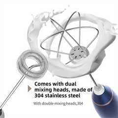 Black Wireless 3-Speed Milk Frother & Egg Whisk with Dual Mixing Heads & Hidden Hook - Handheld USB Rechargeable Foam Maker for Coffee, Cream & Baking