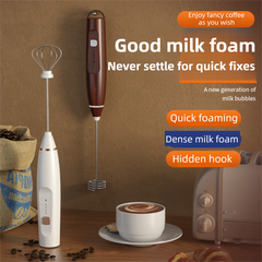 White Wireless 3-Speed Milk Frother & Egg Whisk with Dual Mixing Heads & Hidden Hook - Handheld USB Rechargeable Foam Maker for Coffee, Cream & Baking