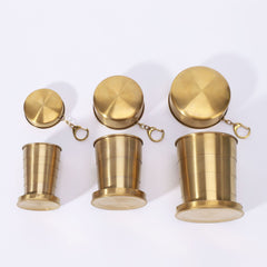 3-Capacity Gold Stainless Steel Collapsible Travel Cup Set(75ml + 150ml + 250ml) - Compact Telescopic Drinking Cup with Keychain & Dust-Proof Lid for Outdoor Hiking and Camping