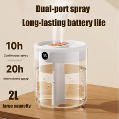 Green 2L Dual-Spray Ultrasonic Humidifier and Air Diffuser with Night Light - USB Powered, Quiet Operation, Smart Digital Display & Real-Time Humidity Sensor