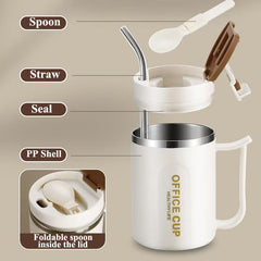 White and Brown 16oz Stainless Steel Office Mug with Phone Stand Lid, Straw and Spoon - 500ML Double Wall Insulated Coffee Cup, Wide Handle and 3 Drinking Ways
