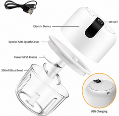 Blue 300ML Electric Mini Food Processor & Garlic Chopper with Glass Bowl, 3 Stainless Steel Blades & USB Charging – Portable Smasher & Meat Grinder for Vegetable,Chili,Fruits,Ginger and Baby Food,Seasoning