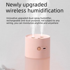 White Dual Spray USB Humidifier with Warm LED Night Light - 400ml Mini Portable Desk and Car Humidifier, Quiet Mist Output, ABS and PP Construction, Compact Rechargeable Moisture Solution for Home Office Travel