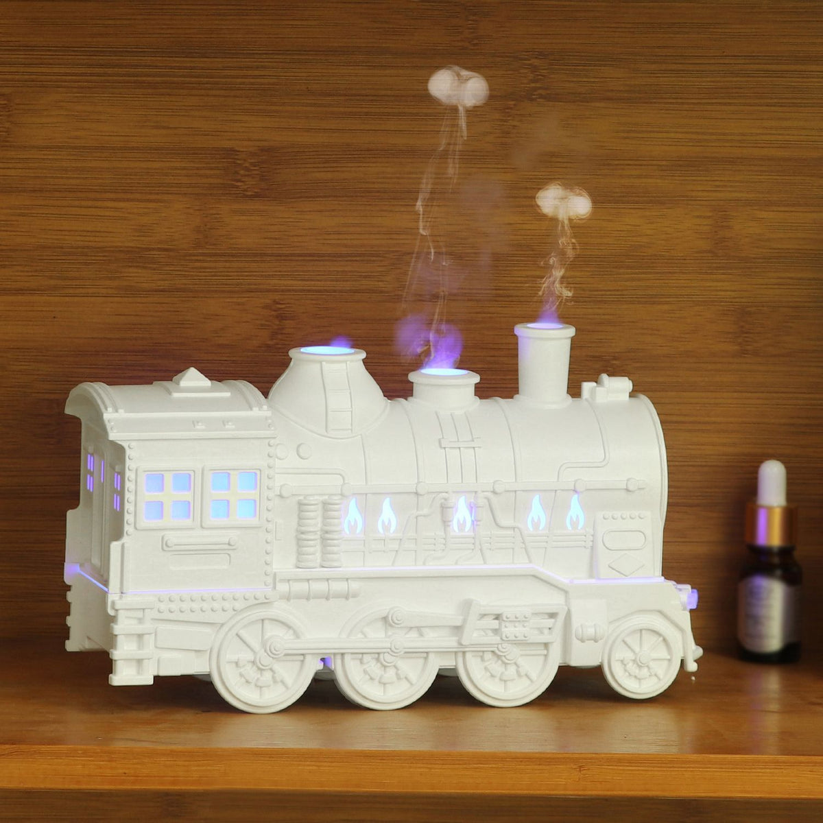 White Retro Train Aromatherapy Humidifier - 300ml Ultrasonic Cool Mist Diffuser with Jellyfish Smoke Ring, LED Night Light  for Bedroom Office Desk Decor