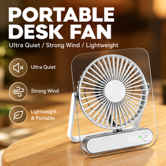 White Portable Desk Fan with Digital Display - Transparent Style Adjustable Table and Hanging Fan with USB Charging for Bedroom, Office, Study and Travel