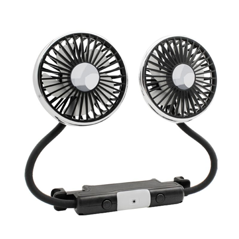 Dual Head Car Headrest Fan - USB Powered 3 Speed Rear Seat Cooling Fan with Flexible Adjustable Arms, Independent Controls and Built In Light
