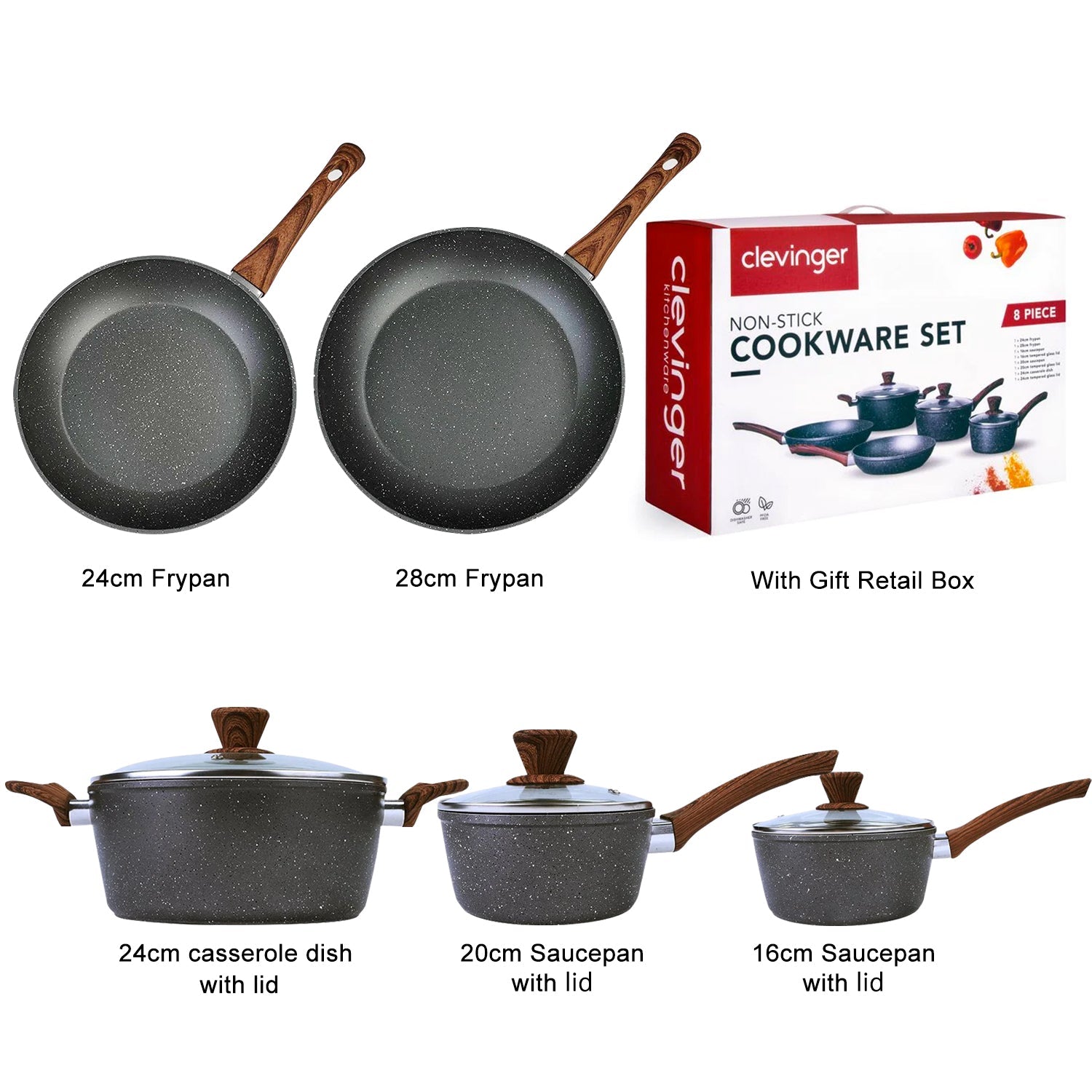 5Pieces Non-Stick Marble Coating Saucepan/Casserole/Fry Pan Cookware Set-NT_Rural