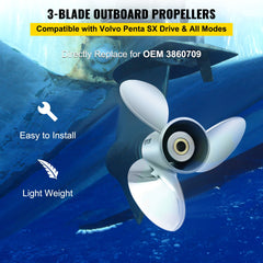 VEVOR Outboard Propeller, Replace for OEM 3860709, 3-Blade 14.5"" x 21"" Pitch Steel Boat Propeller, Compatible with Volvo Penta SX Drive All Models, with 19 Tooth Splines, RH