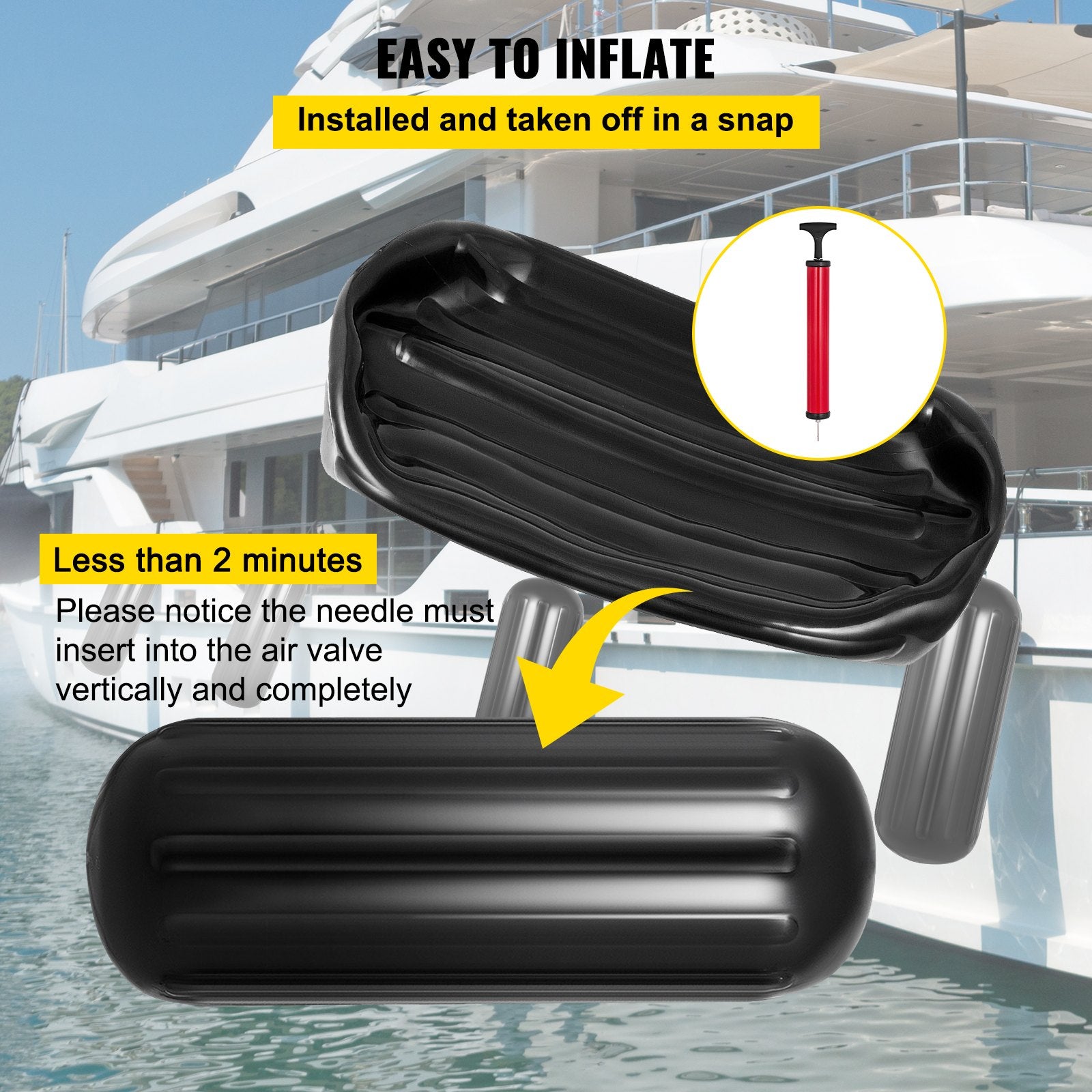 VEVOR Boat Fenders, 10" x 28" Ribbed Fender, 4 Pack Boat Bumpers, Hole Through Middle Ribbed Inflatable Boat Fender with 4 Ropes, for Pontoon Boat Sailboat, Ski Boat, Black