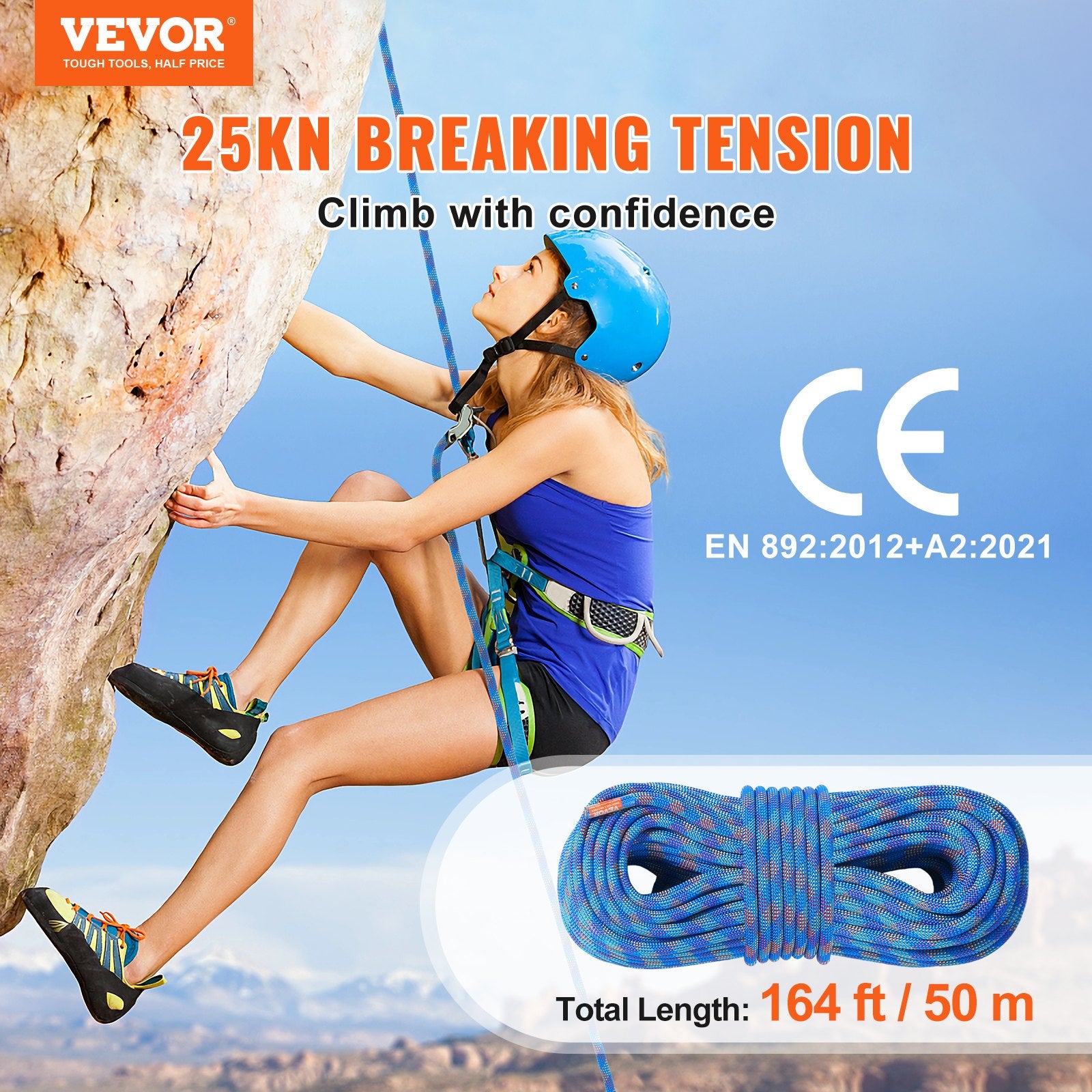 VEVOR 10.2mm Dynamic Climbing Rope, 50M(164ft) Outdoor Rock Climbing Rope 25KN Breaking Tension, Stretchable Fiber Rope with Steel Snap Hooks for Escape, Rappelling, Fire Rescue, Blue