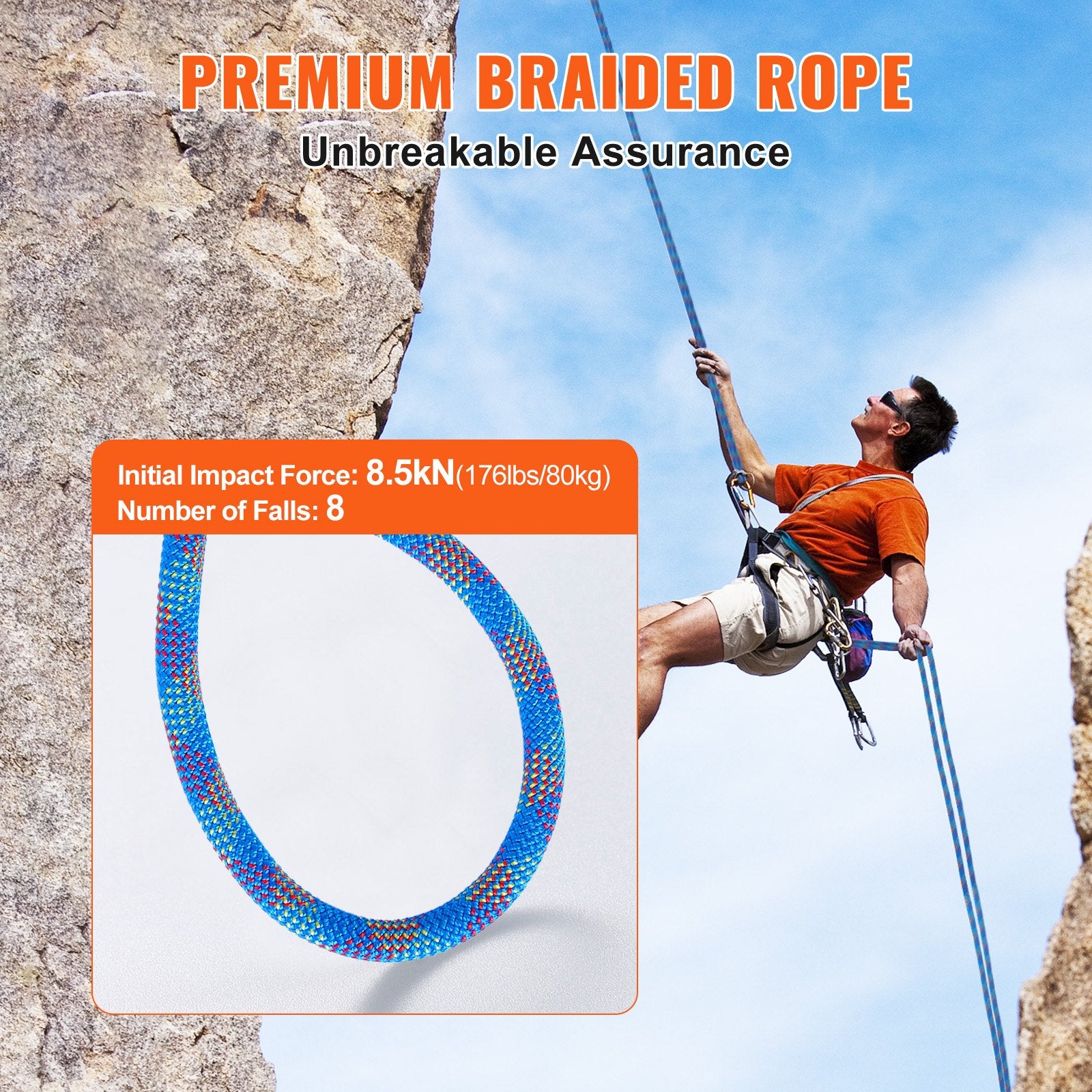 VEVOR 10.2mm Dynamic Climbing Rope, 50M(164ft) Outdoor Rock Climbing Rope 25KN Breaking Tension, Stretchable Fiber Rope with Steel Snap Hooks for Escape, Rappelling, Fire Rescue, Blue