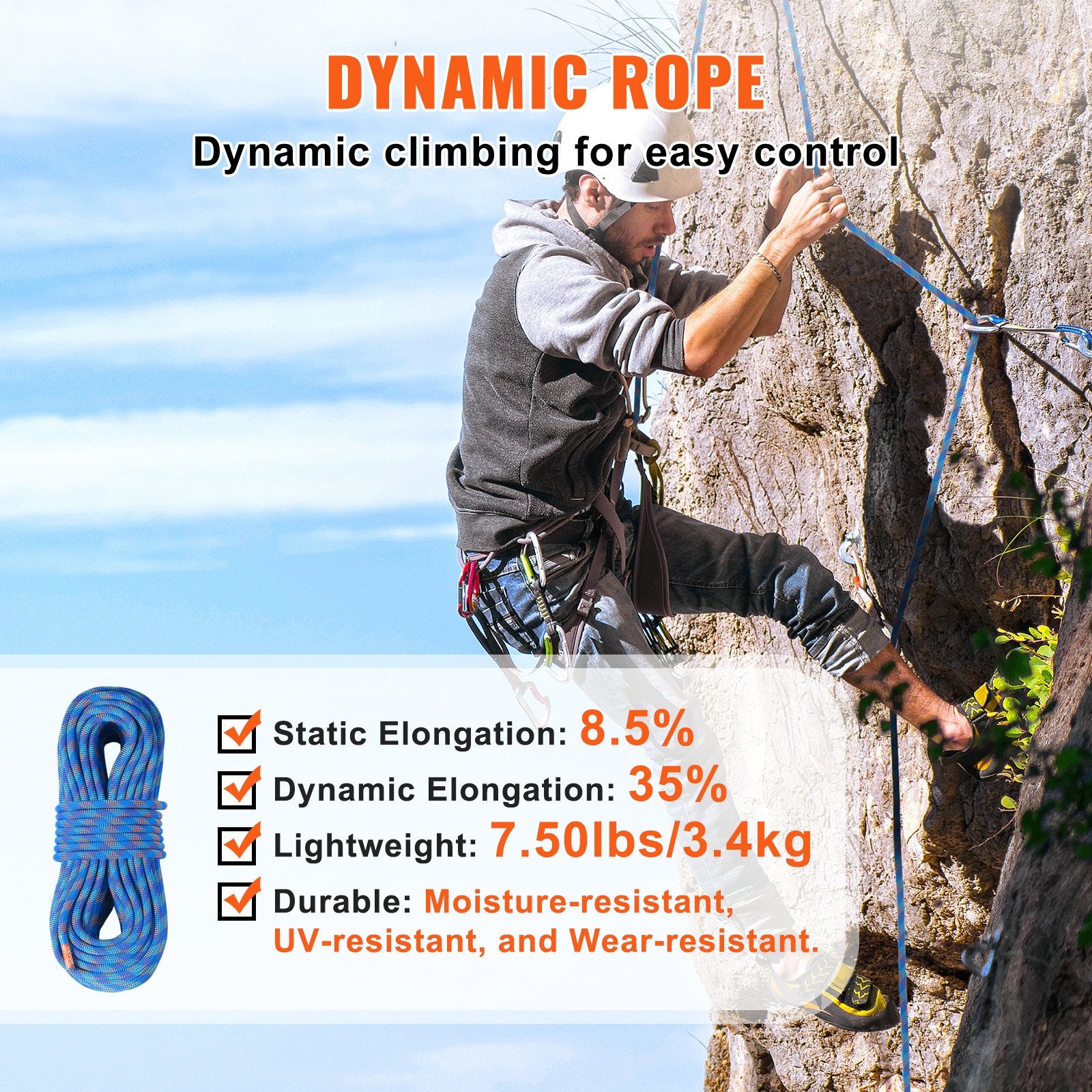 VEVOR 10.2mm Dynamic Climbing Rope, 50M(164ft) Outdoor Rock Climbing Rope 25KN Breaking Tension, Stretchable Fiber Rope with Steel Snap Hooks for Escape, Rappelling, Fire Rescue, Blue