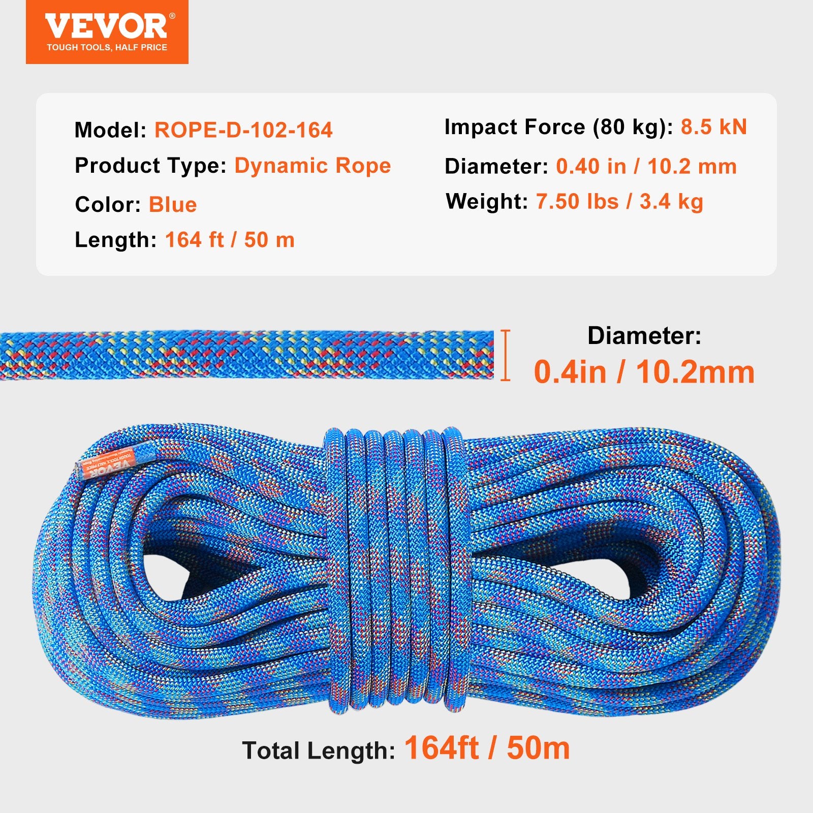 VEVOR 10.2mm Dynamic Climbing Rope, 50M(164ft) Outdoor Rock Climbing Rope 25KN Breaking Tension, Stretchable Fiber Rope with Steel Snap Hooks for Escape, Rappelling, Fire Rescue, Blue