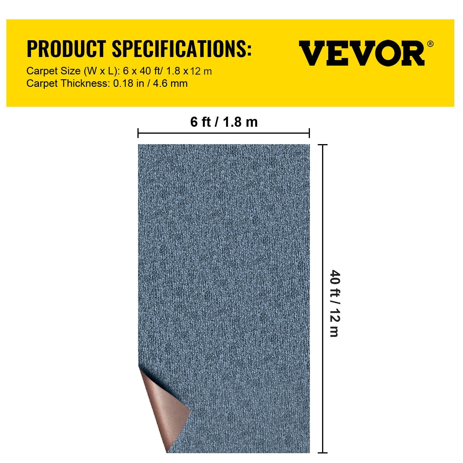 VEVOR Gray Marine Carpet 6 ft x 39.3 ft Marine Carpeting Marine Grade Carpet for Boats with Waterproof Back Outdoor Rug for Patio Porch Deck Garage Outdoor Area Rug Runner Anti-Slide Porch Rug,1.8x12m