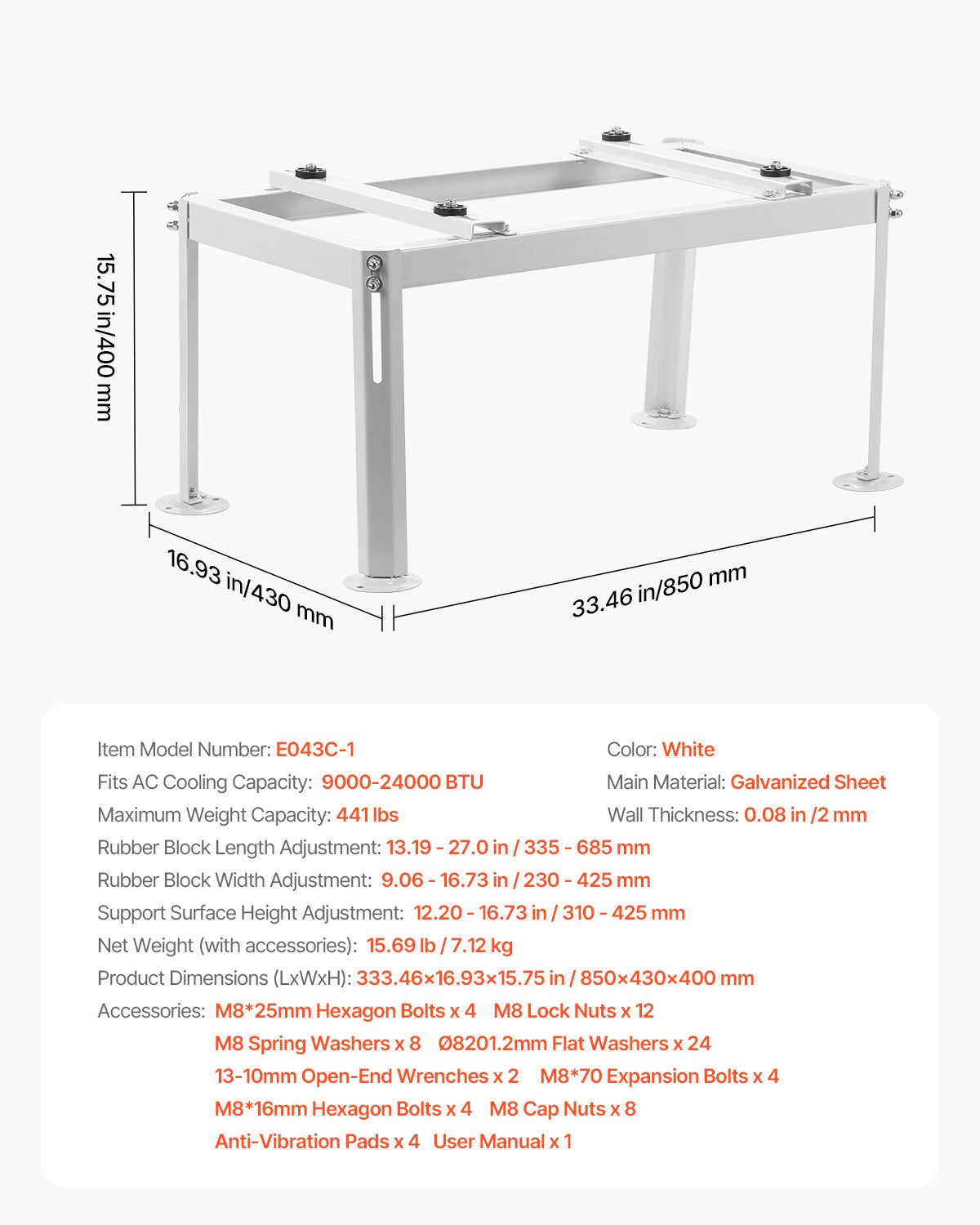 VEVOR Mini Split Ground Stand Adjustable for 9000-24000 BTU 200kg Load