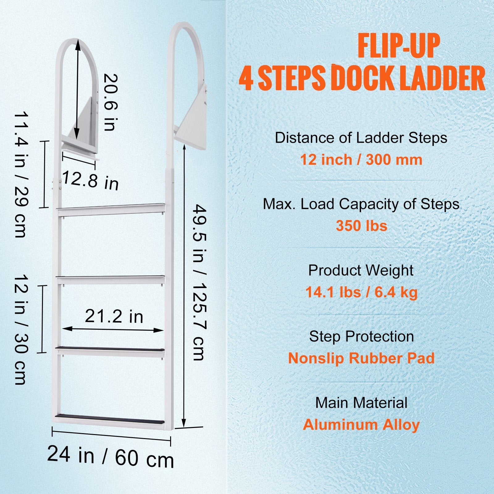 VEVOR Dock Ladder, Flip-Up 4 Steps, 159 kg Load Capacity, Aluminum Alloy Pontoon Boat Ladder with 50.8 mm Wide Step & Nonslip Rubber Mat, Easy to Install for Ship/Lake/Pool/Marine Boarding