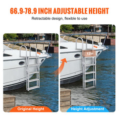 VEVOR Dock Ladder, Retractable 5 Steps, 350 lbs Load Capacity, Aluminum Alloy Pontoon Boat Ladder with 66.9''-78.9'' Adjustable Height, 4'' Wide Step & Mat, for Ship/Lake/Pool/Marine Boarding