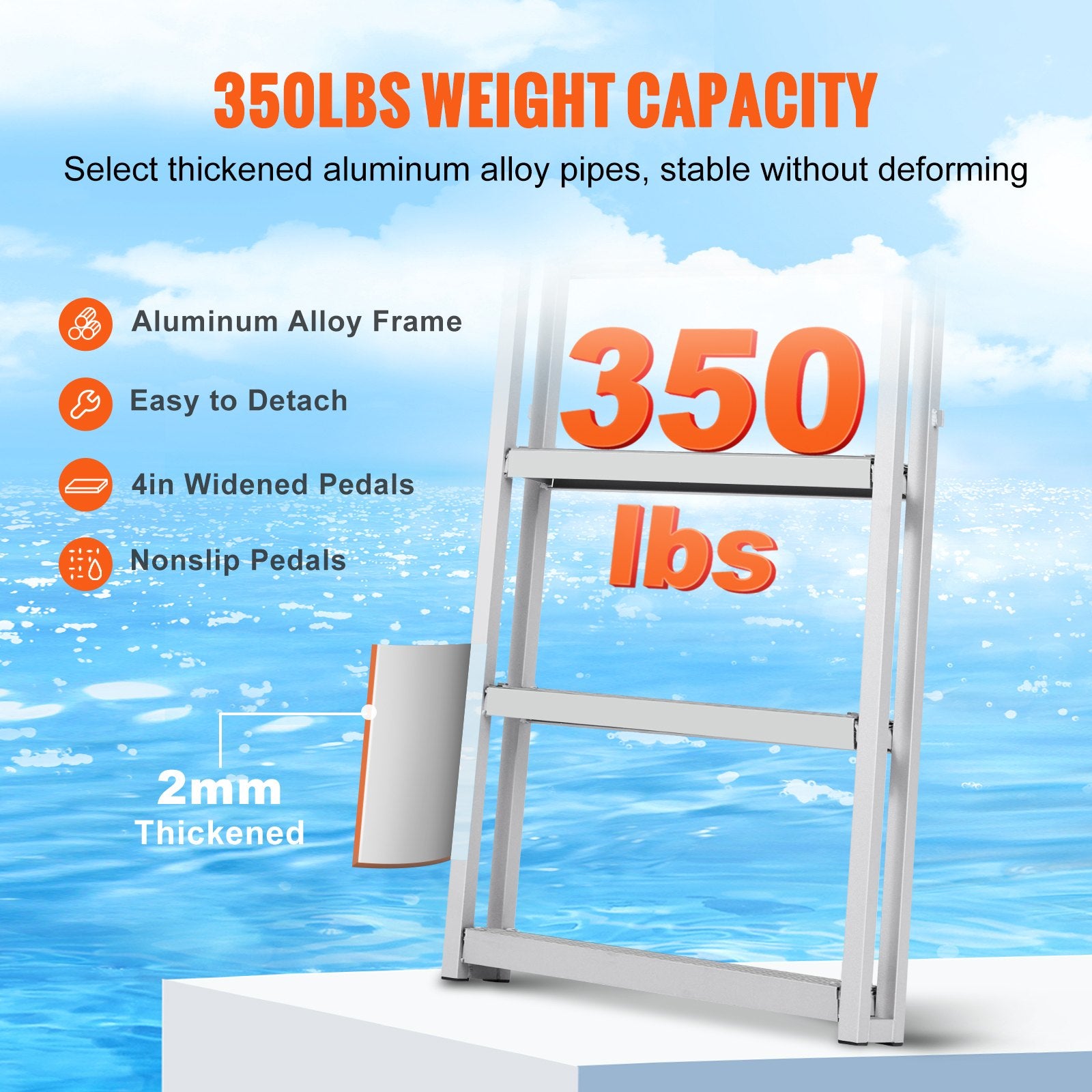 VEVOR Dock Ladder, Retractable 5 Steps, 350 lbs Load Capacity, Aluminum Alloy Pontoon Boat Ladder with 66.9''-78.9'' Adjustable Height, 4'' Wide Step & Mat, for Ship/Lake/Pool/Marine Boarding