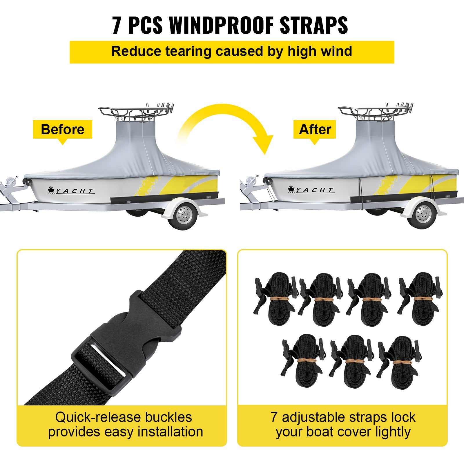 VEVOR T-Top Boat Cover, Fit for 22\'-24\' Boat, Heavy Duty 600D Marine Grade Oxford Hard Top Cover, UV Resistant Waterproof Center Console Boat Cover with 2 Support Poles and 7 Wind-Proof Straps, Gray