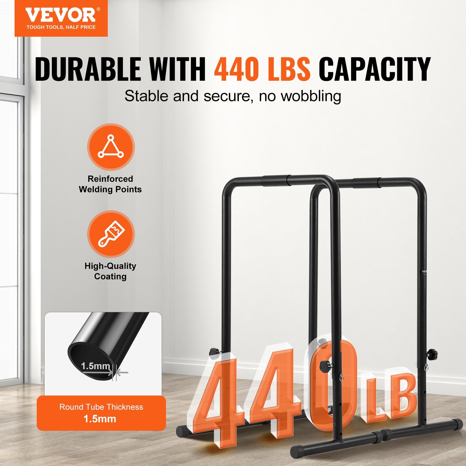 VEVOR Dip Bars, 200 kg Capacity, Heave Duty Dip Stand Station with Adjustable Height, Fitness Workout Dip Bar Station Stabilizer Parallette Push Up Stand, Parallel Bars for Strength Training Home Gym