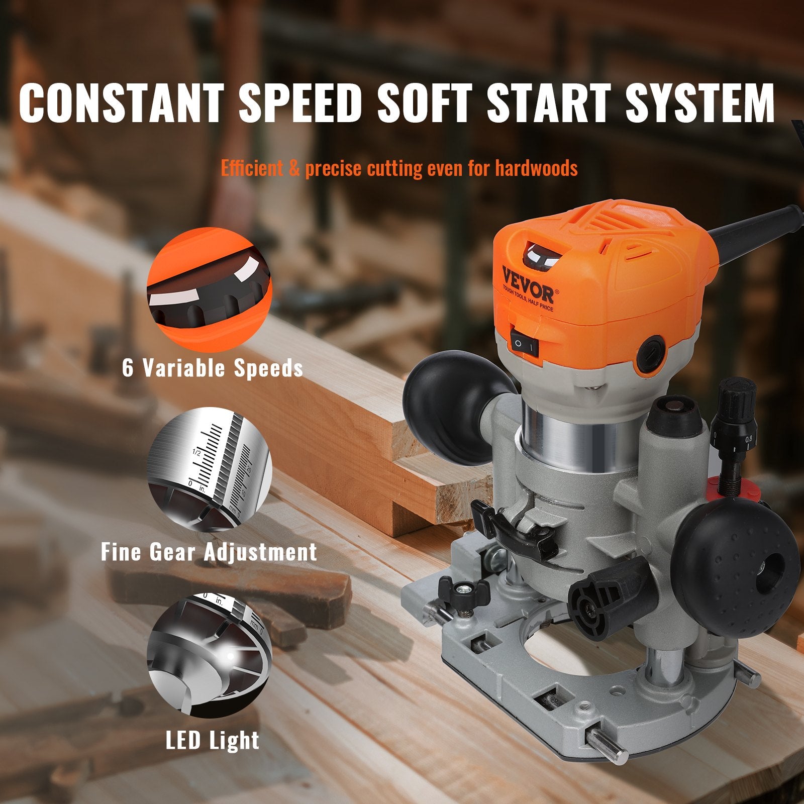 VEVOR Wood Router, 1.25HP 800W, Compact Wood Trimmer Router Combo Tool with Plunge and Fixed Base, 30000RPM 6 Variable Speeds, with 1/4'' & 5/16'' Collets Dust Hood, for Woodworking Slotting Trimming