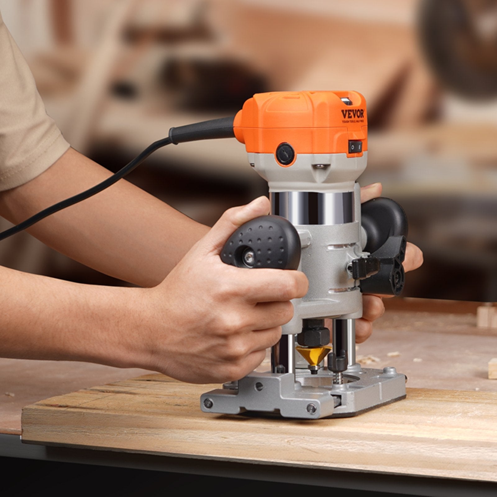VEVOR Wood Router, 1.25HP 800W, Compact Wood Trimmer Router Combo Tool with Plunge and Fixed Base, 30000RPM 6 Variable Speeds, with 1/4'' & 5/16'' Collets Dust Hood, for Woodworking Slotting Trimming