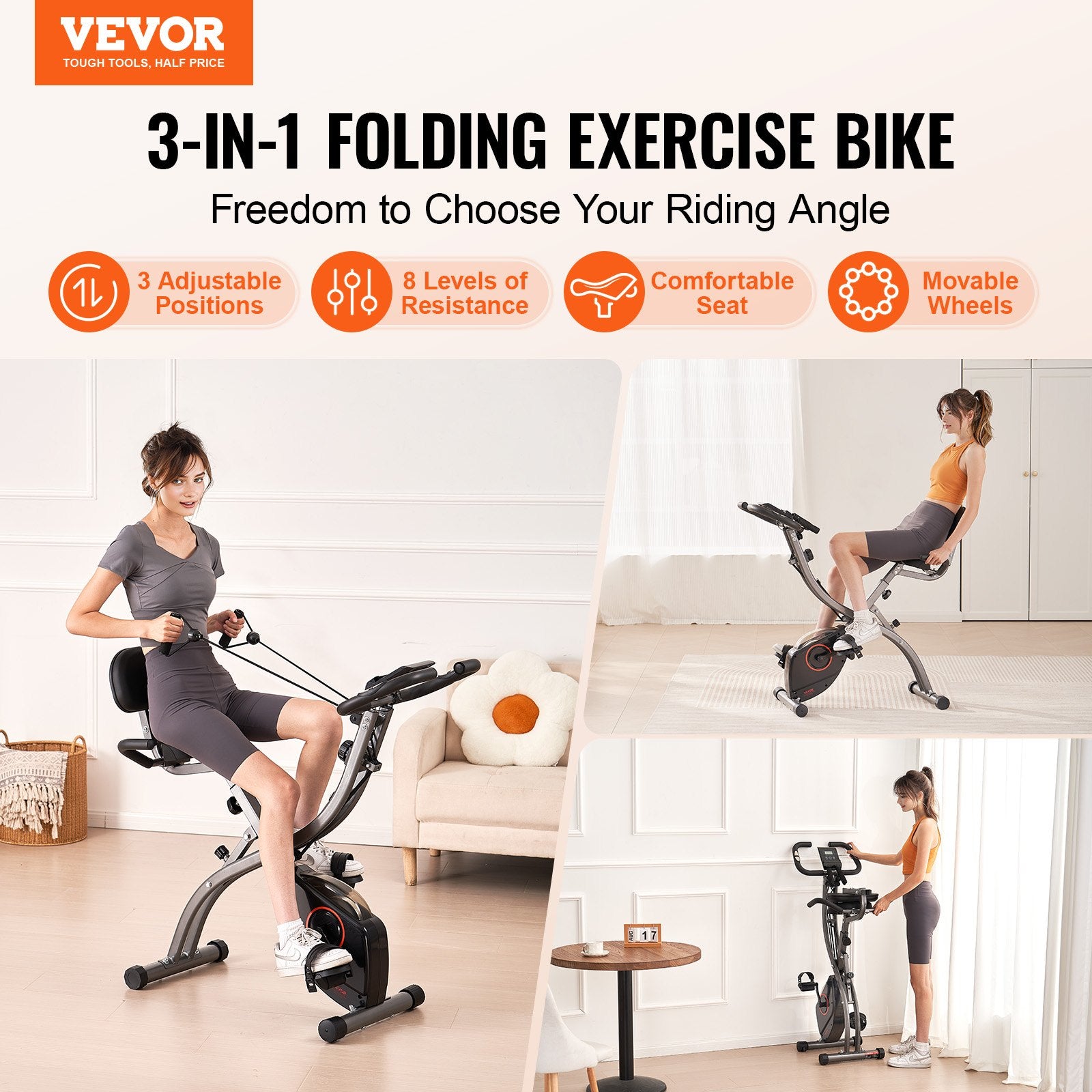 VEVOR Folding Exercise Bike, Foldable Fitness Stationary Bike, Adjustable Magnetic Resistance Stationary Bike, Upright Indoor Cycling Bike for Home Gym Workout, Comfortable Seat Cushion, LCD Monitor
